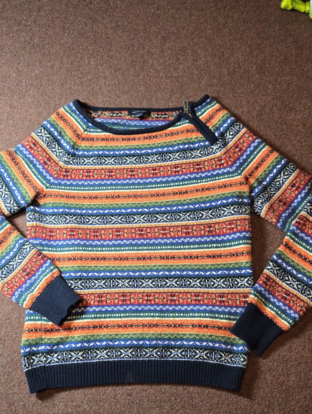 Tommy Hilfiger Colorful Striped Fair Isle Sweater With Zip Neckline Size Small